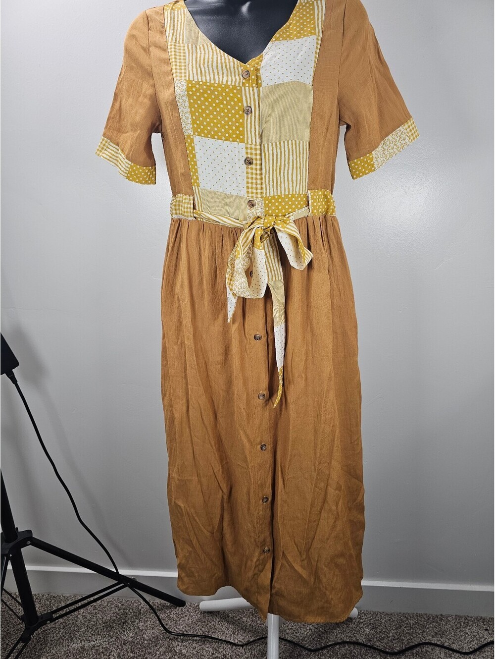 ROOLEE Vintage Style Mustard Yellow Button-Front Midi Dress with Patchwork